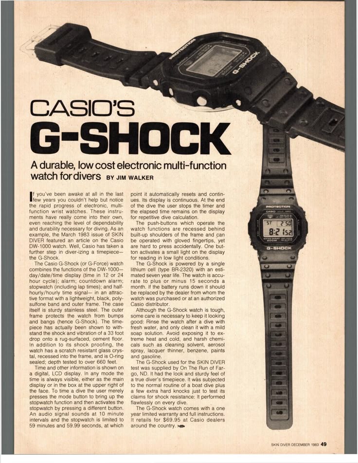 Casio G-Shock magazine article, Skin Diver December 1983