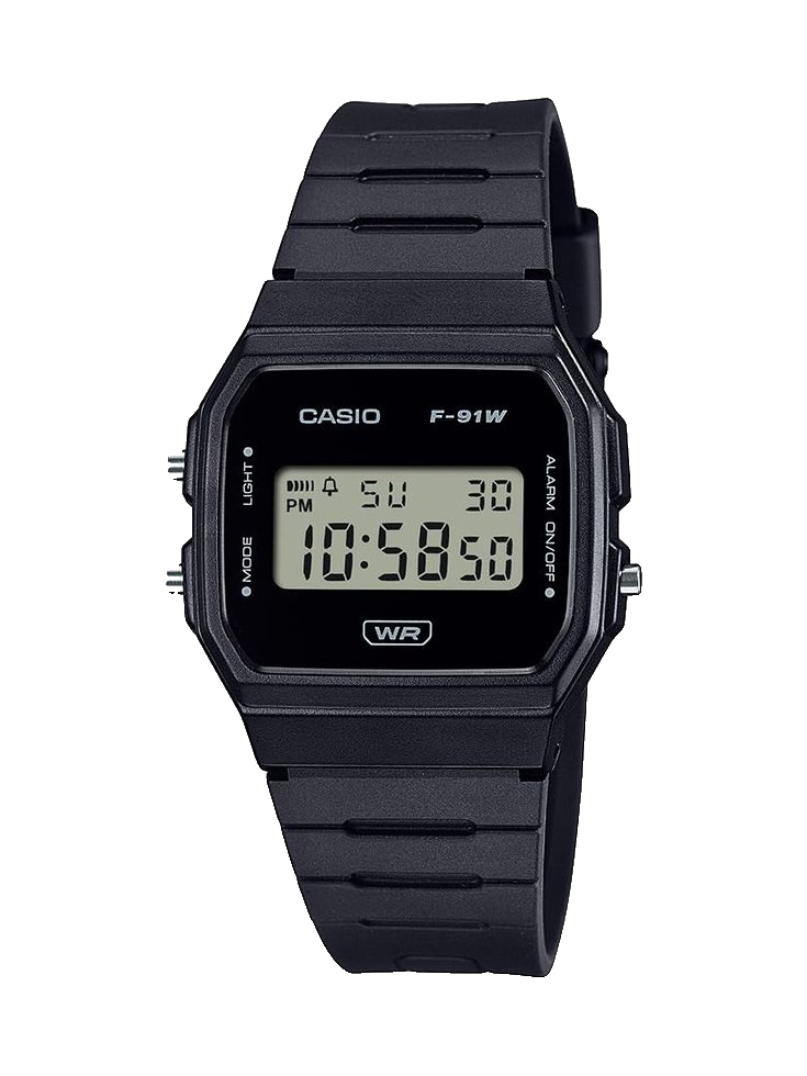 Casio F-91W all-black variant with WR badge